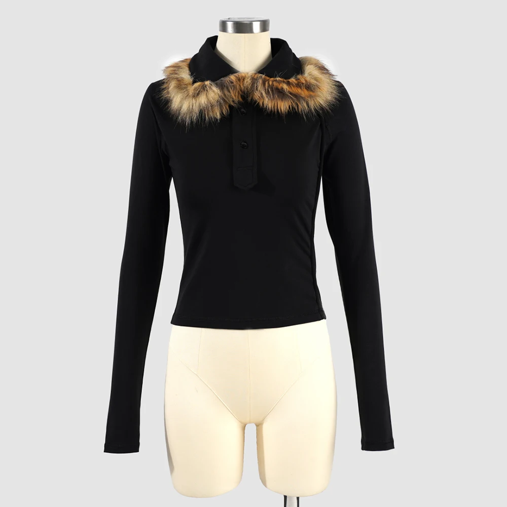 

100% Cotton Women's T-Shirt Y2K Faux Fur Collar Patchwork Elegant and Sophisticated Commuter Long-Sleeve Tees Fall 2025 New