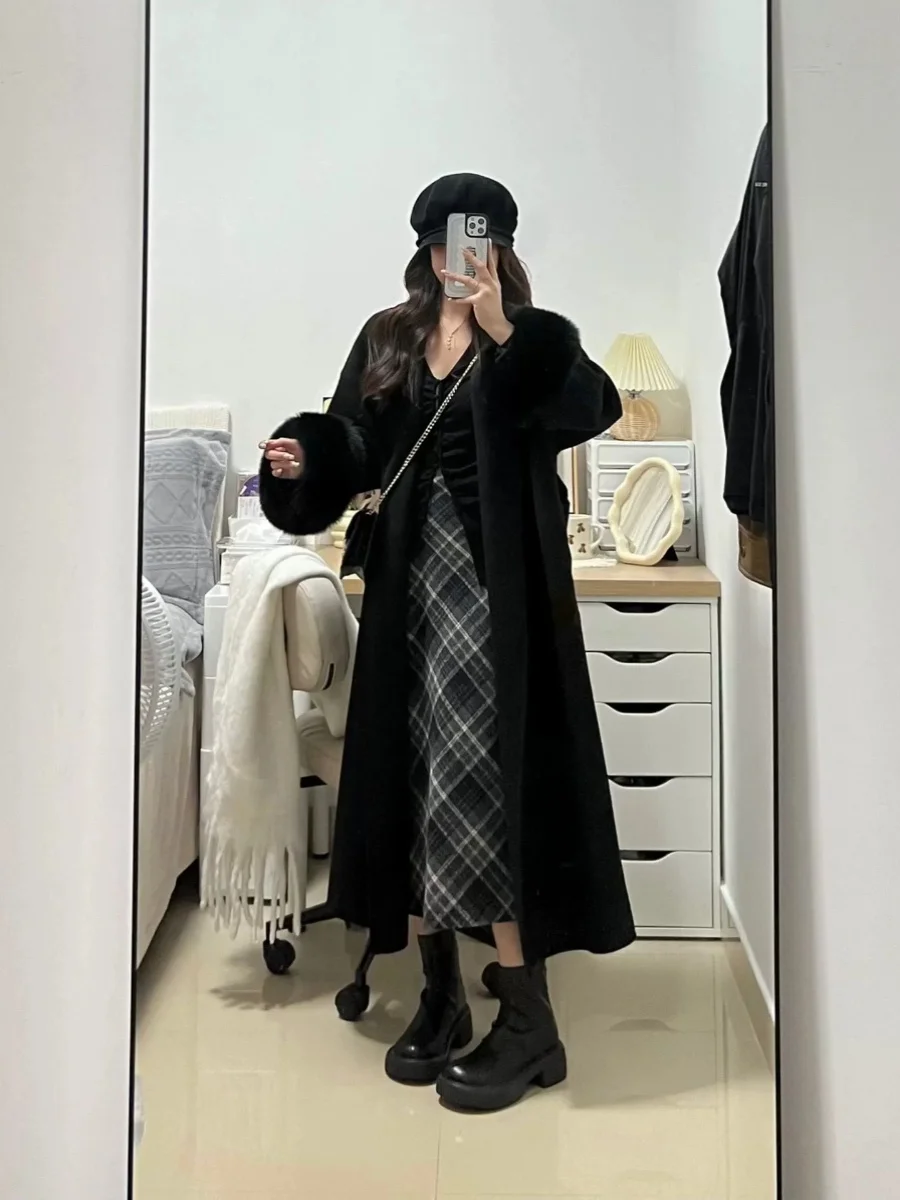 Autumn Winter Plaid Sweater High Waist Woolen Straight Leg Long Skirt Women's plus Size Retro f Body Skirt A-Line Midi Skirt