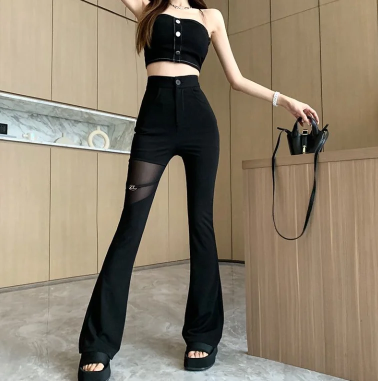 Niche Women's Pants 2025 Spring Fashion Micro Flared Pants Mesh Splicing Hollow Out High Waist Casual Pocket Design Daily Pants