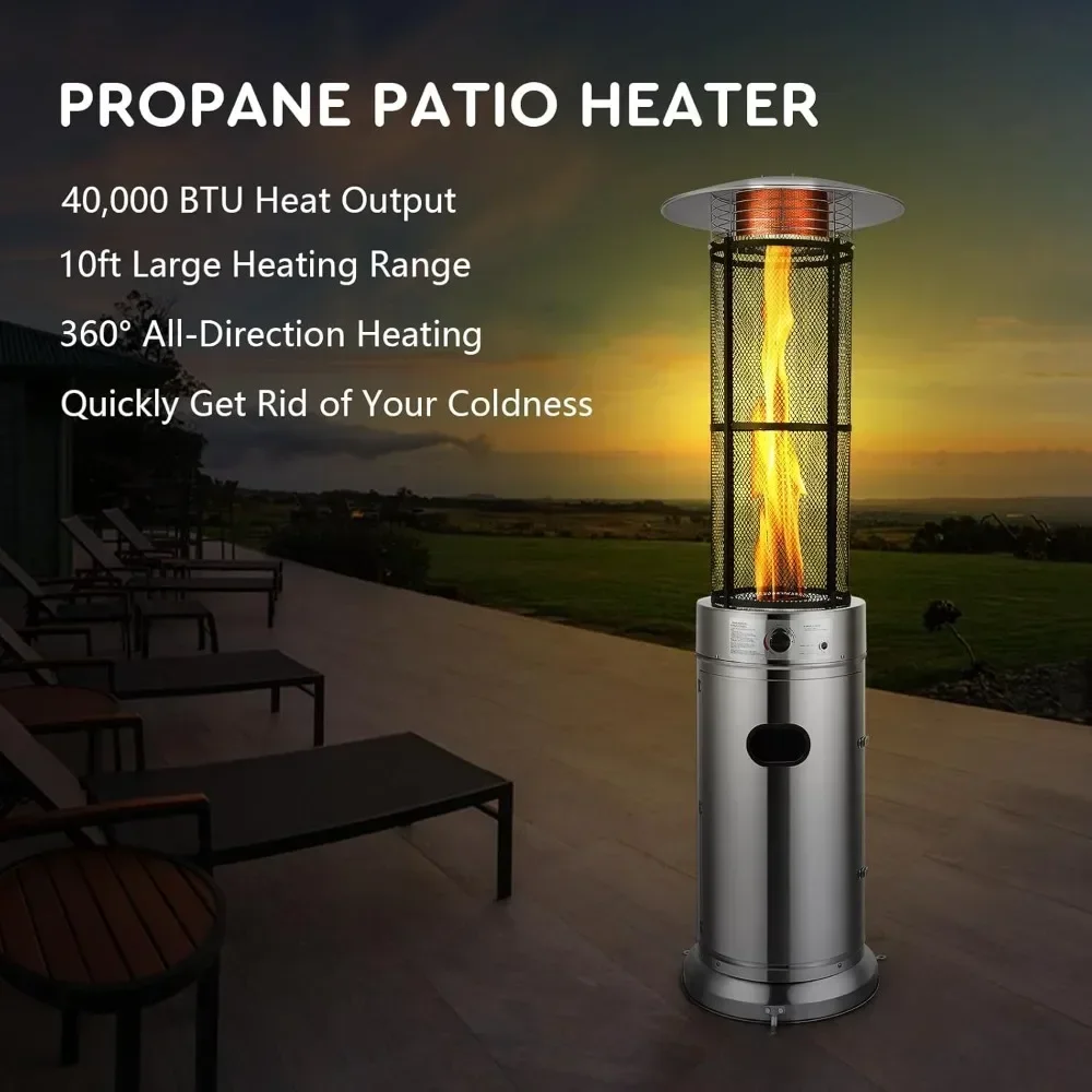 Propane Patio Heater, Floor-Standing Electric Heater w/Wheels, Dancing Flame, Quartz Glass Tube, Stainless Steel, Round Space