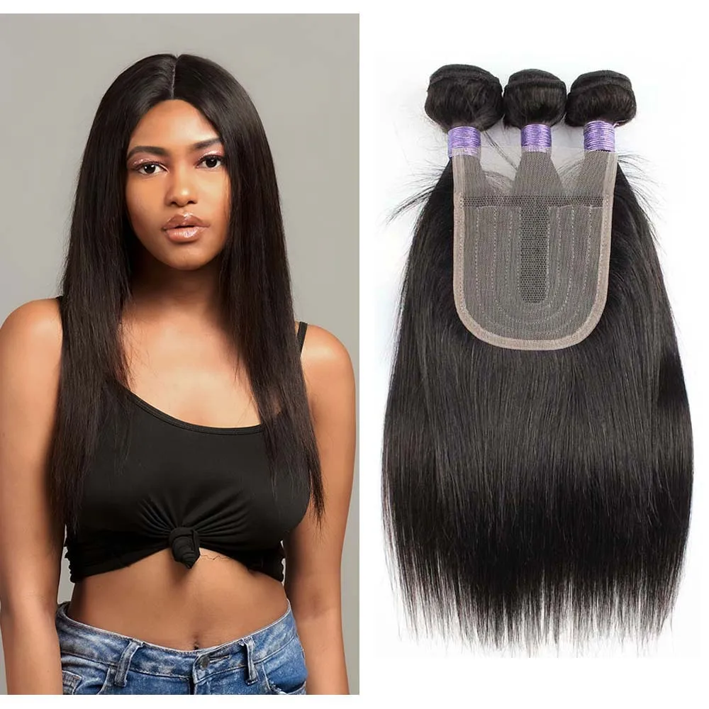 MOGUL HAIR-Mèches Naturelles Remy avec Closure en Dentelle Transparente, Cheveux Lisses Noirs, Style Bob Court, 4x1 T, 60g/Pièce, 3 Lots