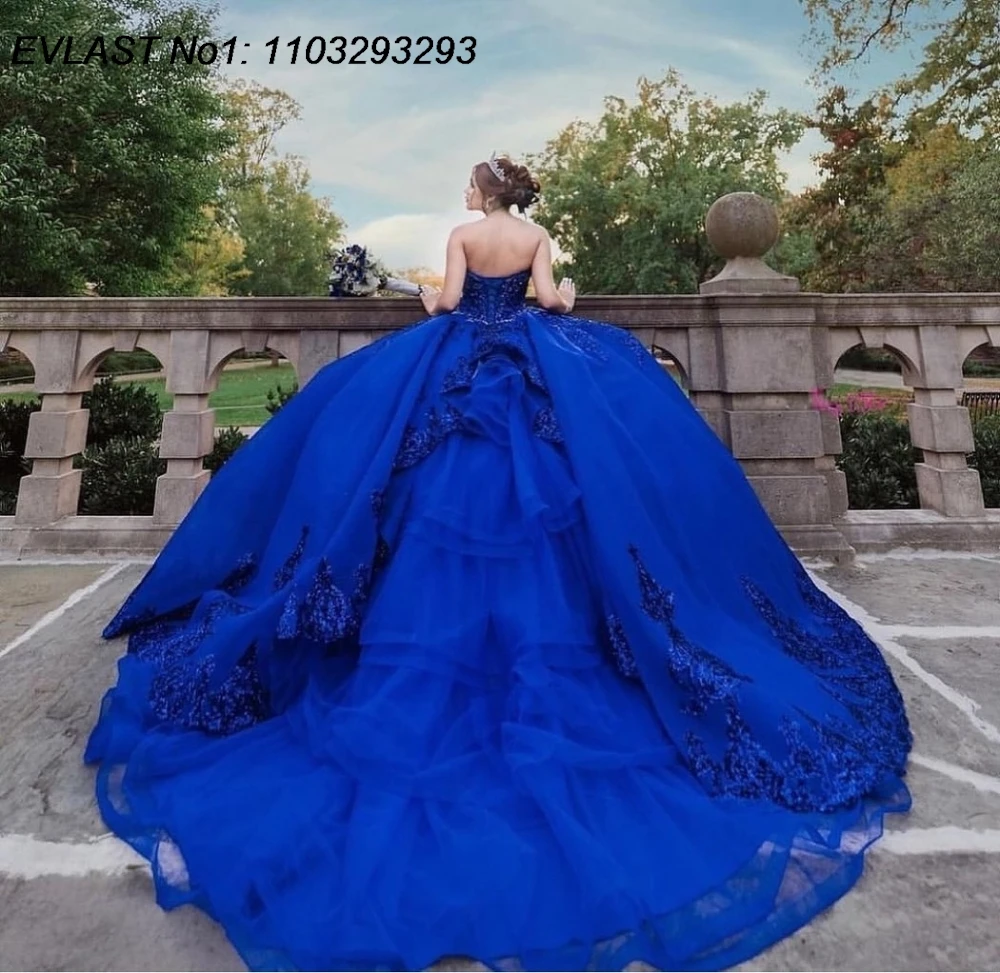 EVLAST Customized Mexican Royal Blue Quinceanera Dress Ball Gown Lace Applique Beading Tiered Sweet 16 Vestido De 15 Anos E1Q185