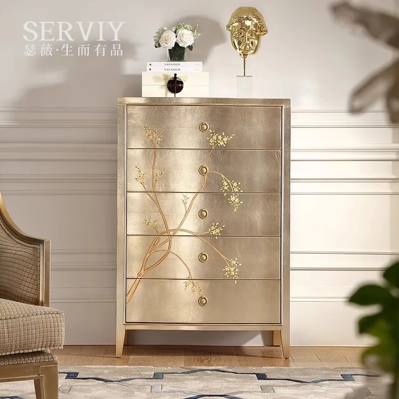 CX light luxury painted five buckets, European champagne silver foil bedroom drawer, living room decorative cabinet