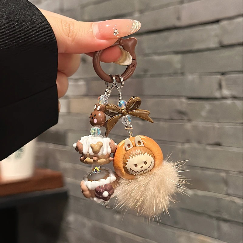 New Pop Bean Baked Bread Diy Molly Labubu Fluffy Plush Ball Phone Chain Student Cute Keychain Girl Bag Cars Key Pendant for Gift