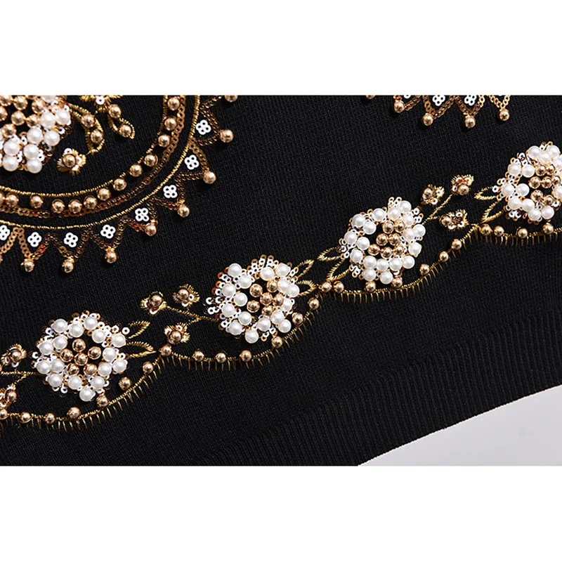 Fashion Beading Embroidery Flowers Knitted Tracksuits Set Women Loose Black Gray Knit Sweater Pencil Pants Outfits 2pcs Female