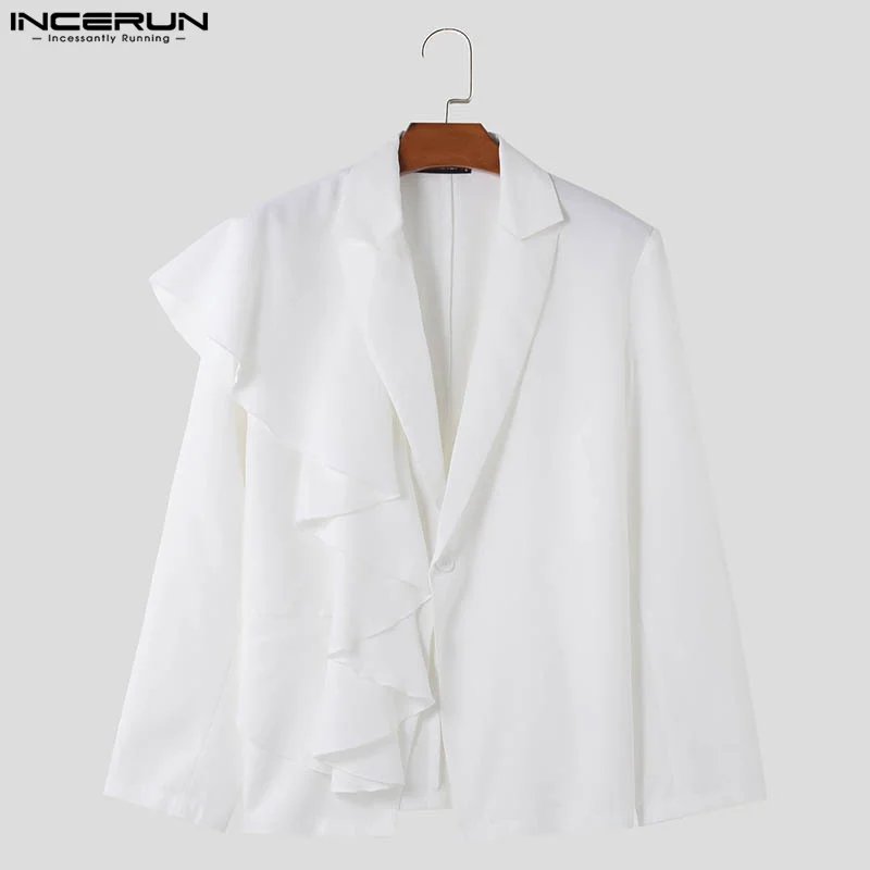 INCERUN Tops 2024 American Style Fashion New Mens Sloping Flounce Design Suit Coats Casual Simple Male Long Sleeved Blazer S-5XL