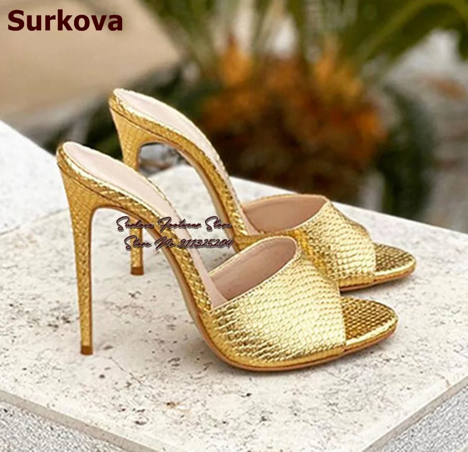 

Surkova Gold Snakeskin Stiletto Heel Modern Slippers Open Toe Slip-On Python Gladiator Sandals Blue Denim Zebra Dress Shoes