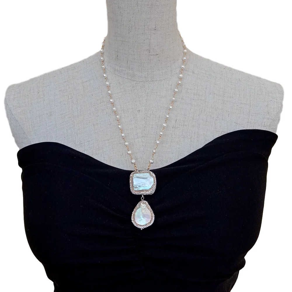 Y·YING Natural Freshwater Cultured White Pearl Rosary Chain Necklace CZ Pave Keshi Pearl Pendant 20'