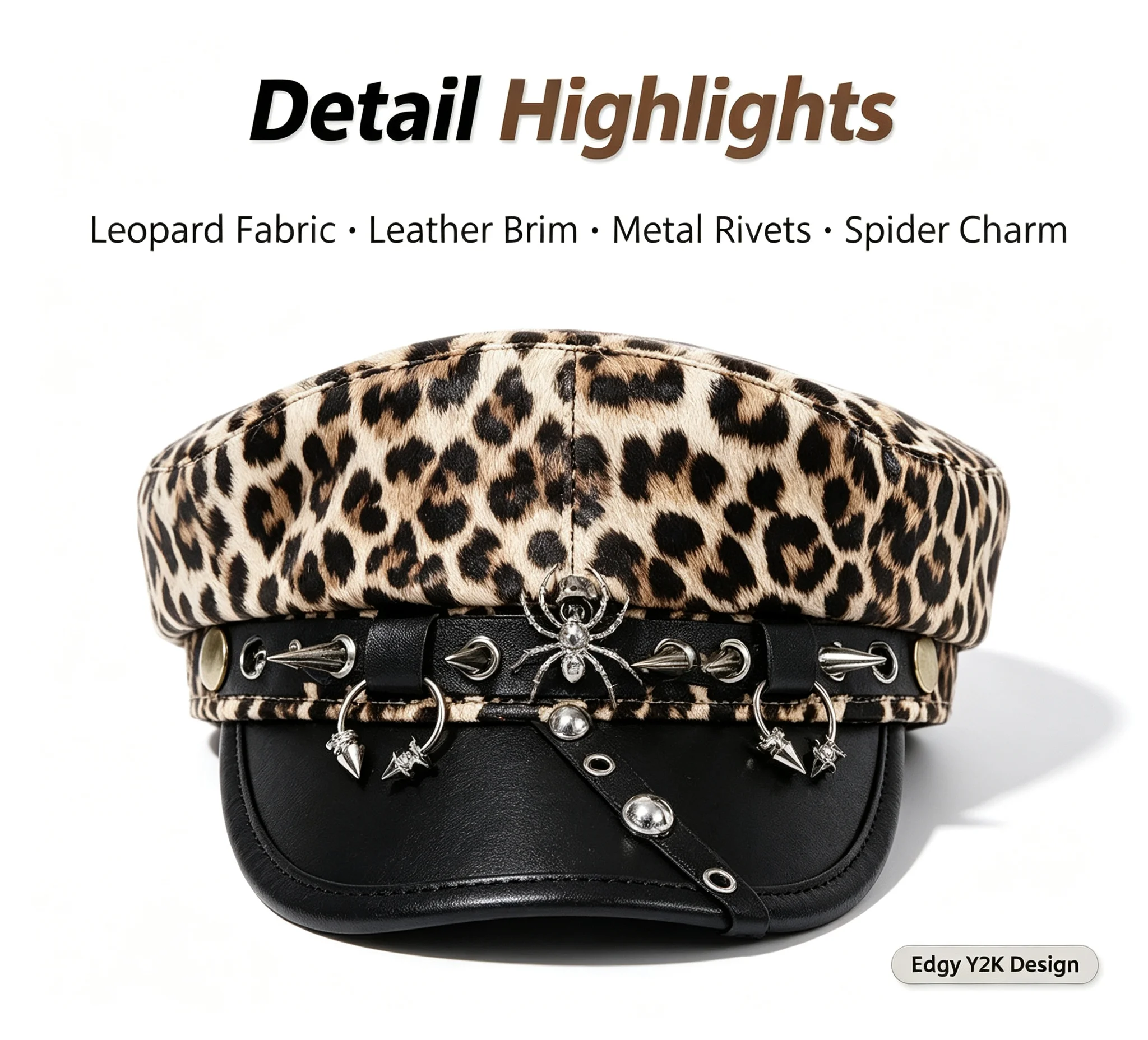 Y2K Retro Leopard Octagonal Beret Hat Women Sweet Cool Subculture Cap Metal Rivet Spider Decor Punk Streetwear