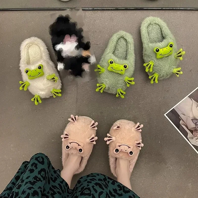 Warm Lovely Frog Cotton Slippers Student Anti Slip Animals Home Platform Plush Slipper Women Funny Outdoor Shoes 2024