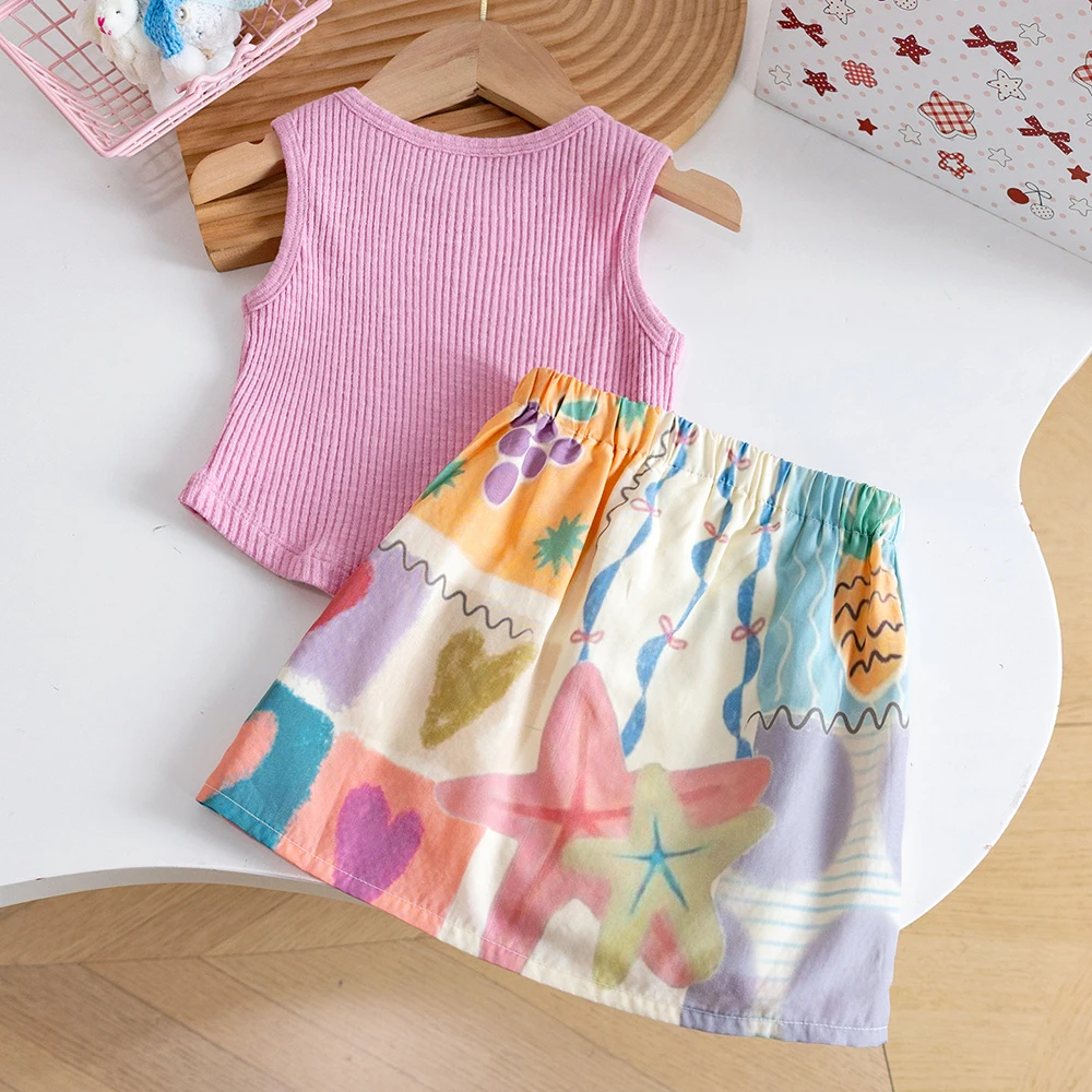 Girls Summer T-shirt Skirt Clothes Sets Pink Ribbed Tank Top+Tulip Floral Print Skirts 2Pcs Korean Children Clothing Outfit Suit