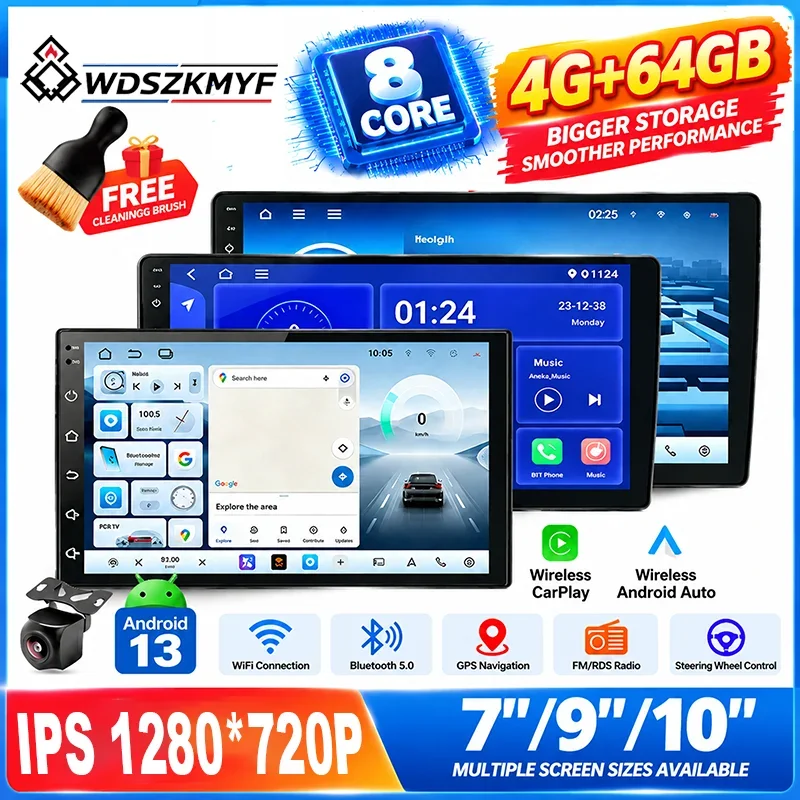 Universal 2Din Android 13 Car Radio 7/9/10 Inch 8Core 4+64GB GPS WiFi BT Wireless CarPlay Android Auto Car Stereo Multimedia