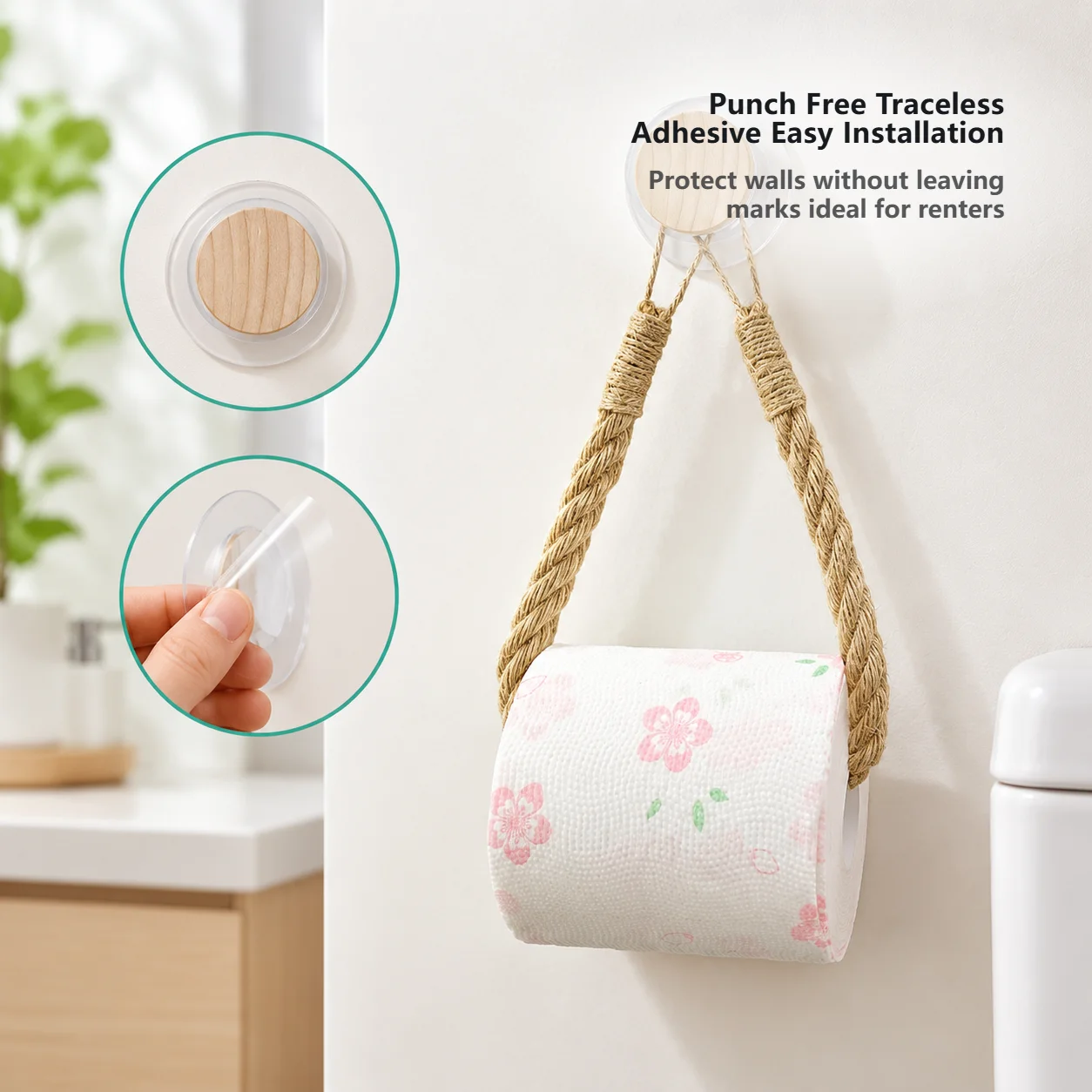 Solid Wood Hemp Rope Woven Towel Rack Punch-Free Wall Mounted Tissue Holder Multifunctional Roll Paper Facial Towel Storage