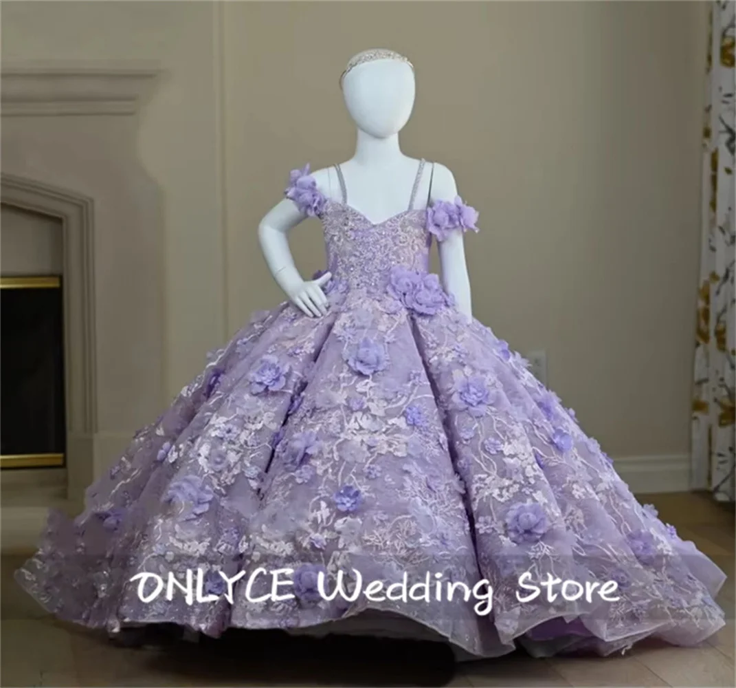 

Luxury Lavender Flower Girl Dress 2025 Flowers Lace Applique Crystals Beads Princess Child Birthday Party Gown Customized