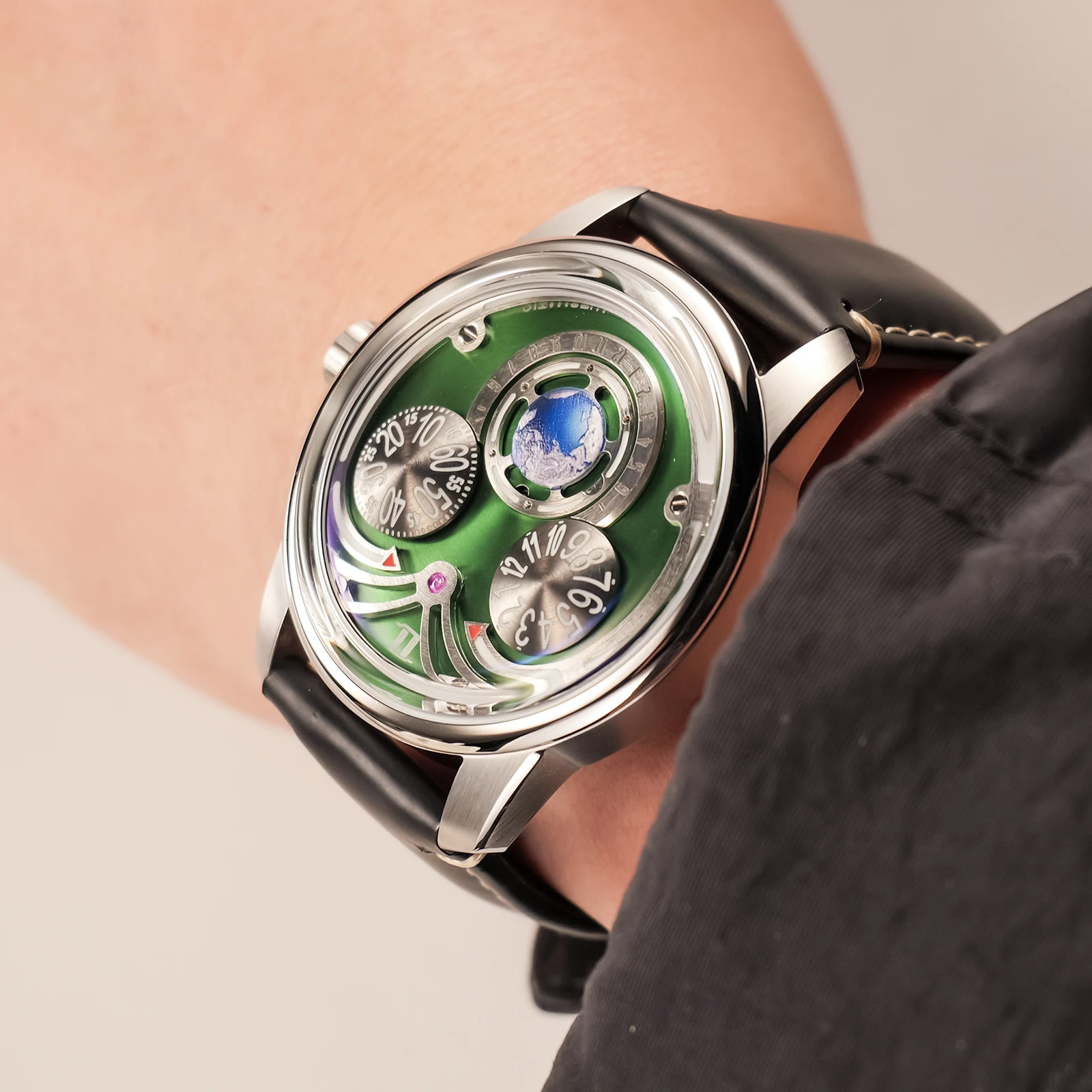 OBLVLO Herren-Automatikuhr mit 3 Augen, modisch, adlergrünes Zifferblatt, blaue Leuchtzeiger, Lederarmband, wasserdichte mechanische Uhr