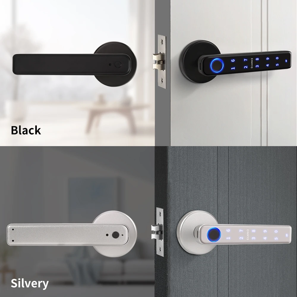 Tuya APP Controlled Apartment Fingerprint Digital Lock Silver Black Keyless Security Interior Wooden Door Smart Handle  Lock