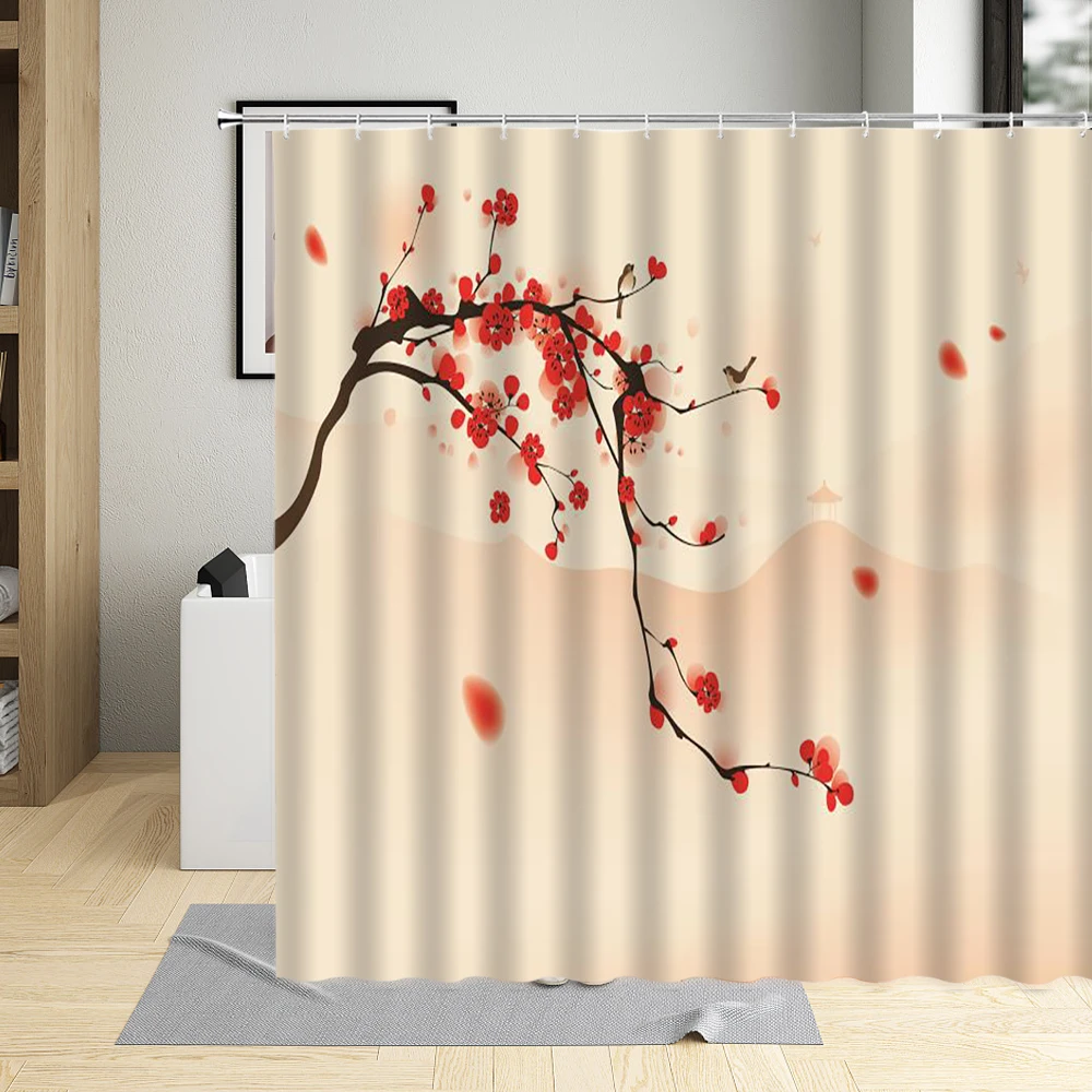 Chinese Style Shower Curtain Red Ink Flower Plum Pink Cherry Blossom Floral Bird Pattern Bathroom Decor Polyester Curtains Sets