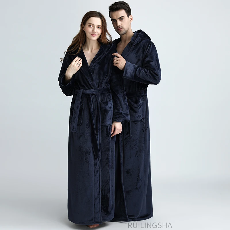 Women Hooded Extra Long Warm Velvet Bathrobe Lovers Winter Flannel Bath Robe Floor Length Thermal Dressing Gown Men Sleepwear