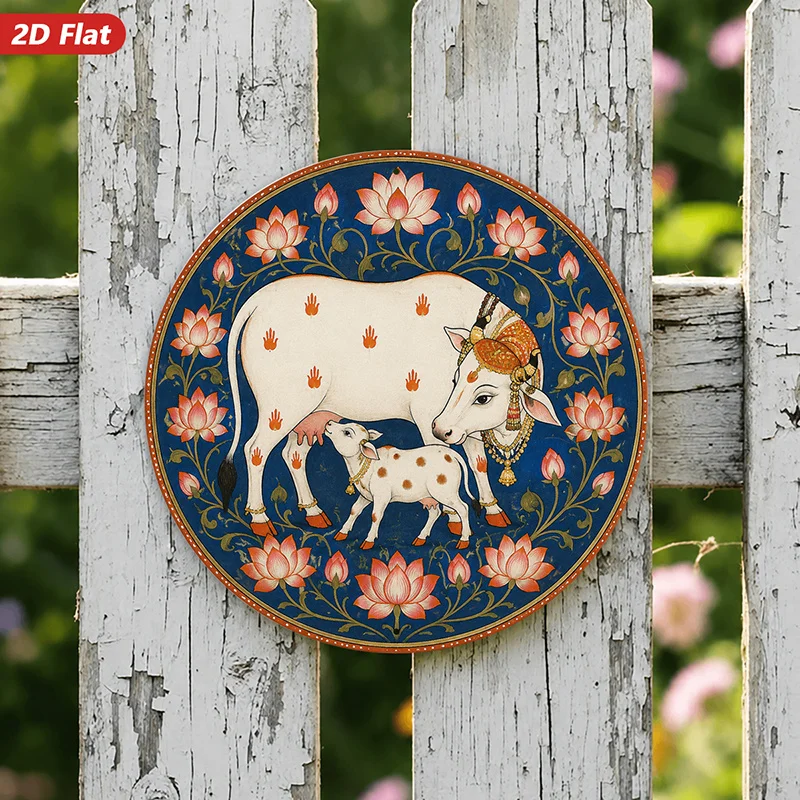 2D Flat Wooden Print 1pc Round Sign Wall Decor, Round Home Decoration, Cow And Calf Pattern, Floral Design, Traditional Style, S