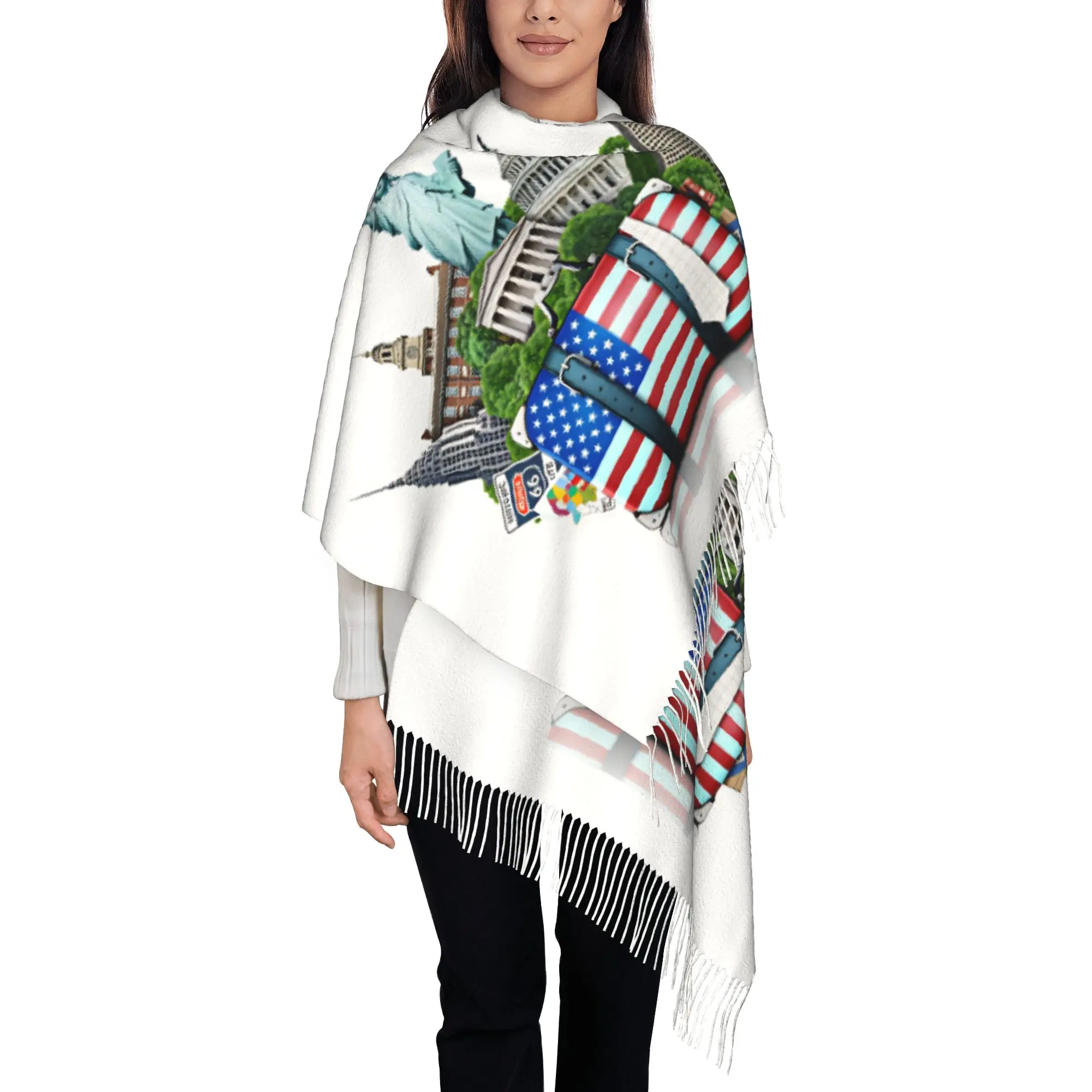 Custom USA Landmark Vintage Travel Suitcase Print Scarf Wrap Women Long Winter Fall Warm Tassel Shawl Unisex  Scarves