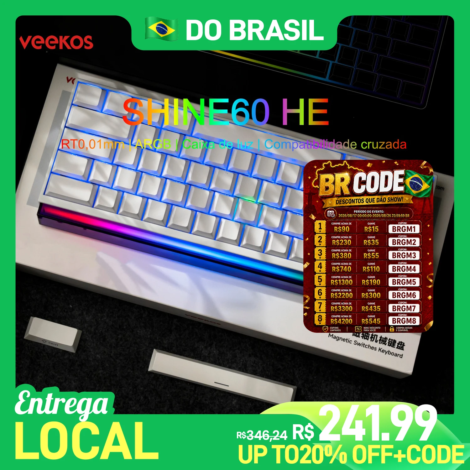 Veekos Teclado Shine60 HE 60% AGRB com Lightbox RT0.01mm Interruptor Magnético 8K Tipo-C Teclado Mecânico E-Sports