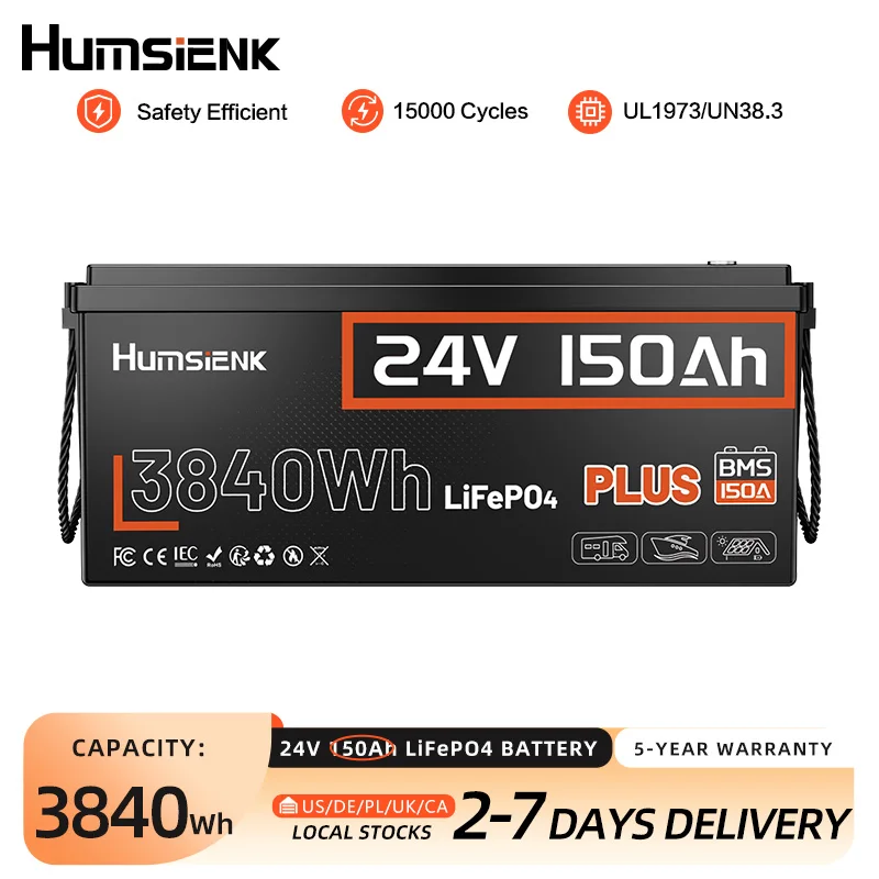 Humsienk 24V 150Ah LiFePO4 Battery, Capacity 3840Wh, Built-in 150A BMS, 15000+ Deep Cycle, Low-Temp Protection For Fishing, Portable Power Station, Golf Cart, Boat, Camper, Marine, Trolling Motor, Off-Grid, Solar Energy Storage, 5-Year Warranty
