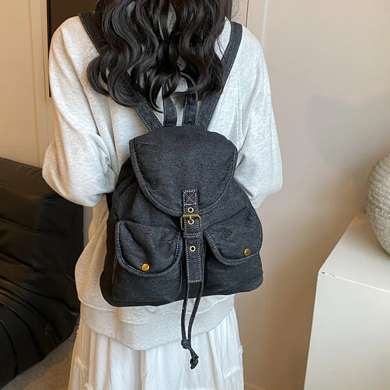 

Korean Women Casual Fashion Y2k Schoolbags Denim Simple Vintage Preppy Backpack All Match Grunge Solid Backpacks For Students