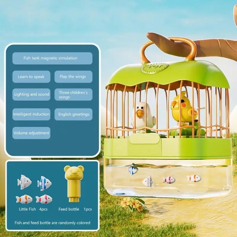 97BC Funny Electric Flapping Bird Musical Toy with Fish Bowl Gift for Baby Pet Musical Singing Glowing Parrot with