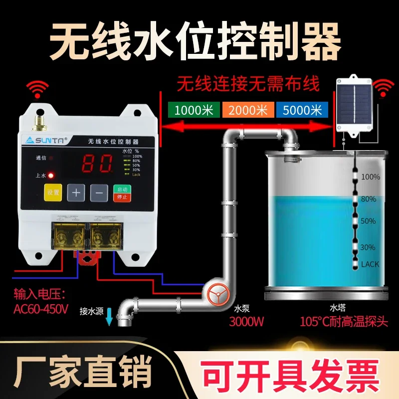 Automatic Wireless Remote Water Level Controller Pump Tank Water Tower 220V Level Remote Floating Ball Sensing