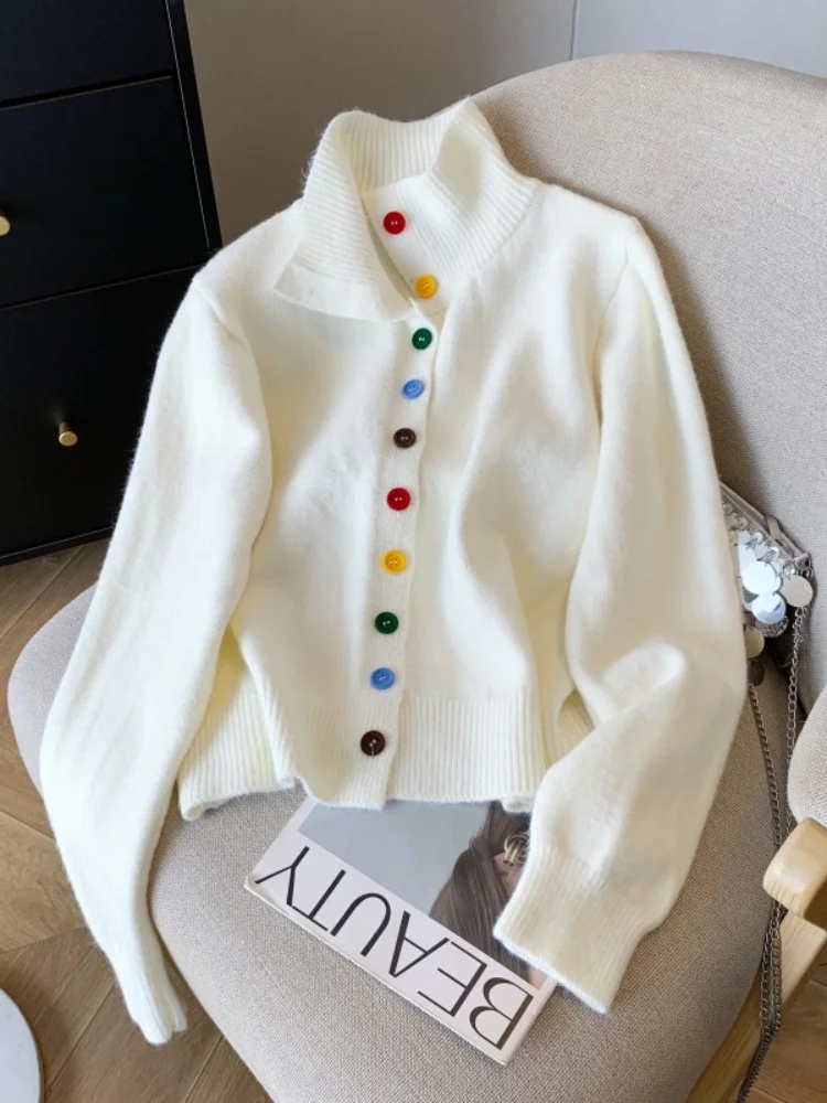 Sweet Sle Thiened Knitted High Collar Open Cardigan Sweater Women's Loose Fit Autumn Winter Warm Top Button Design