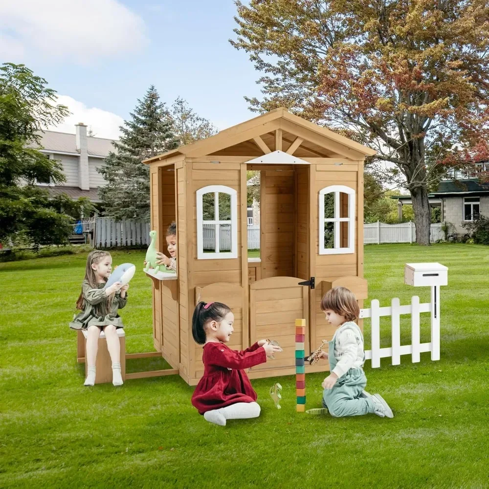 

Playhouses, Outdoor Playhouse for Age 3-6 Years Boys Girls,Wood Cottage Playhouse w/Mailbox Bench Door Windows Flowerpot Holders