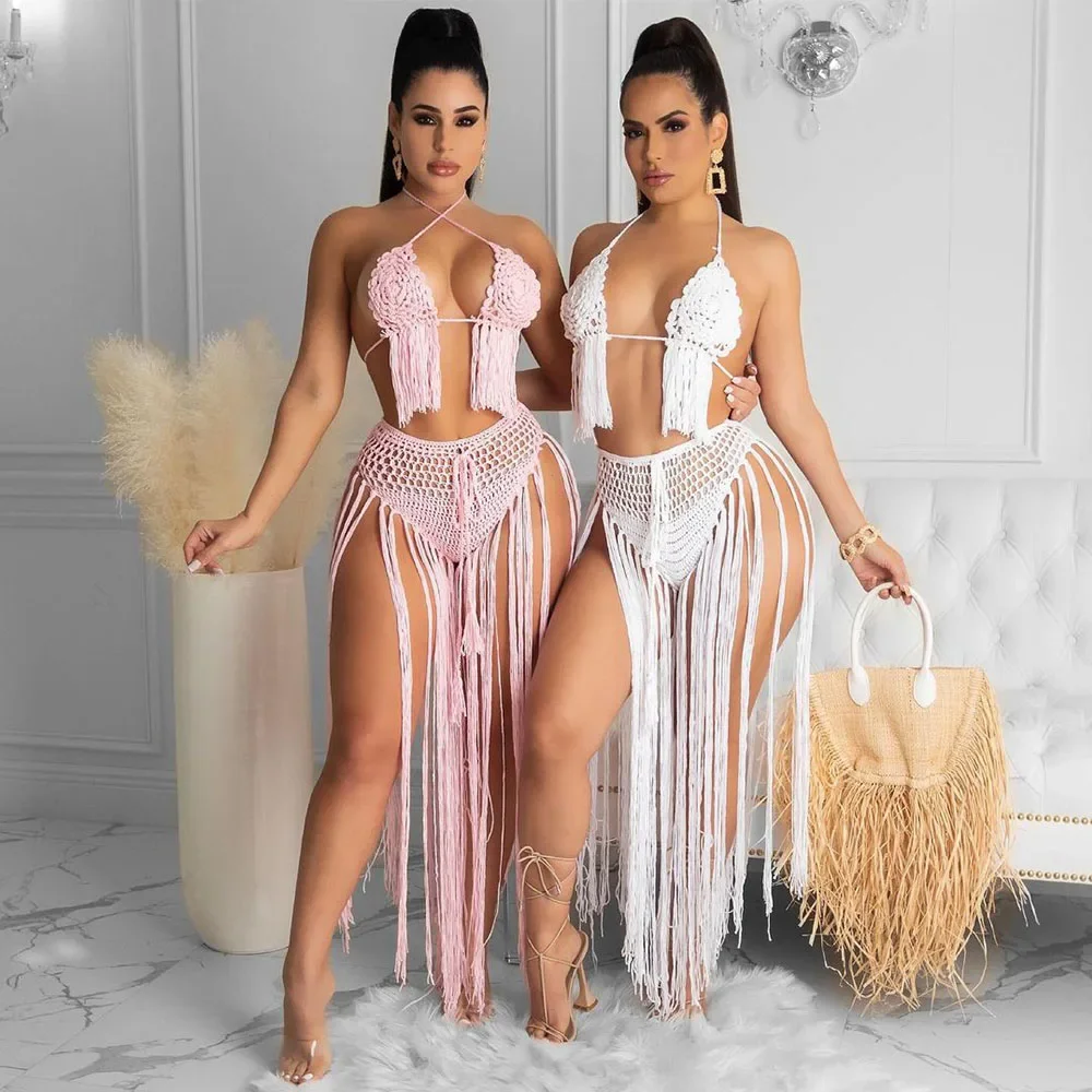 Sexy Knitted Two Piece Set Swimwear Women Backless Crop Top and Tassel Long Skirts Sets Summer Beach Vacation Party Club Outfits