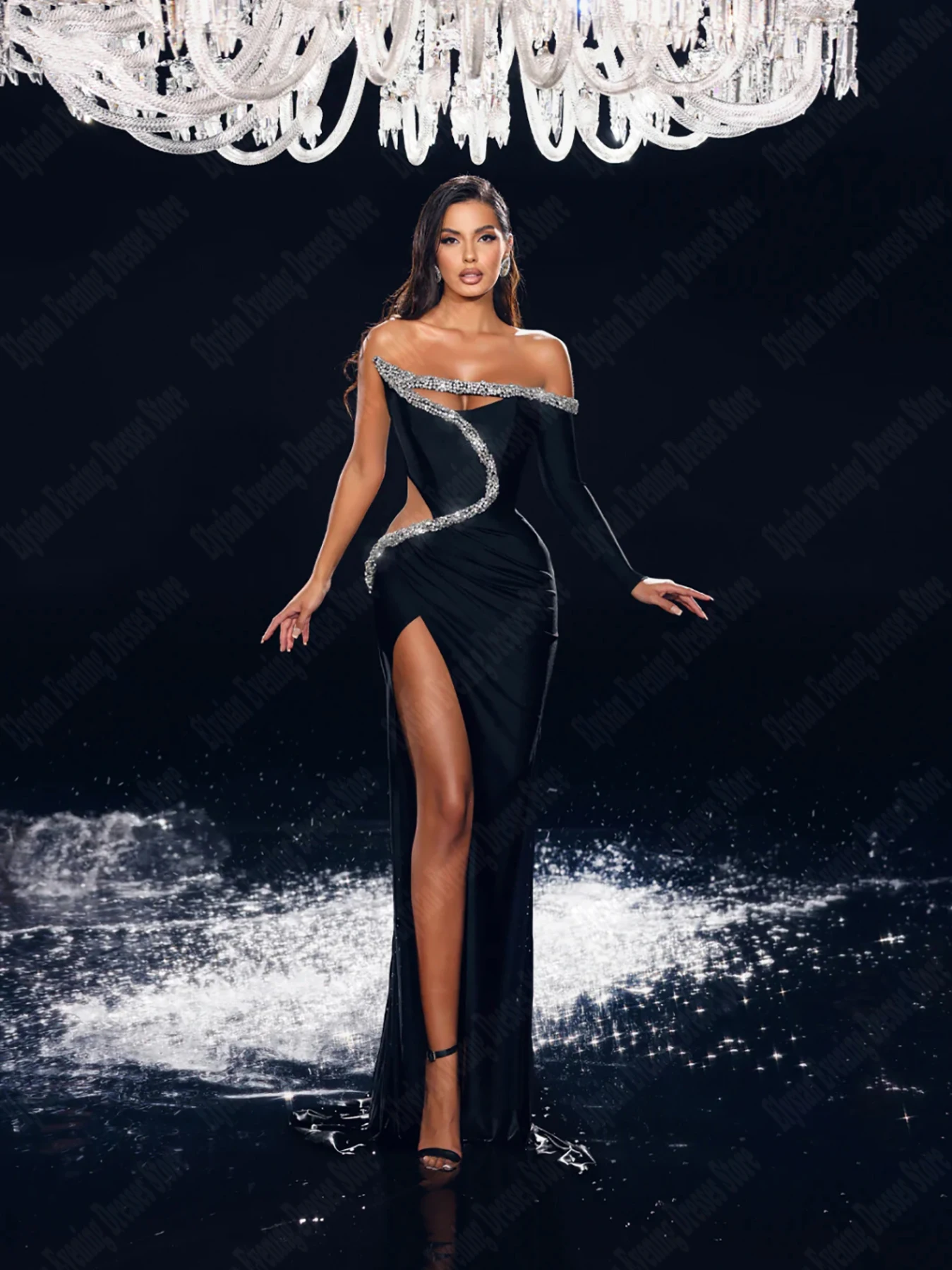 

Sexy Strapless Evening Dresses Sweetheart Crystals Inlay Leaking Waist Floor Length Prom Gowns Modern Hollow Out Banquet Garment