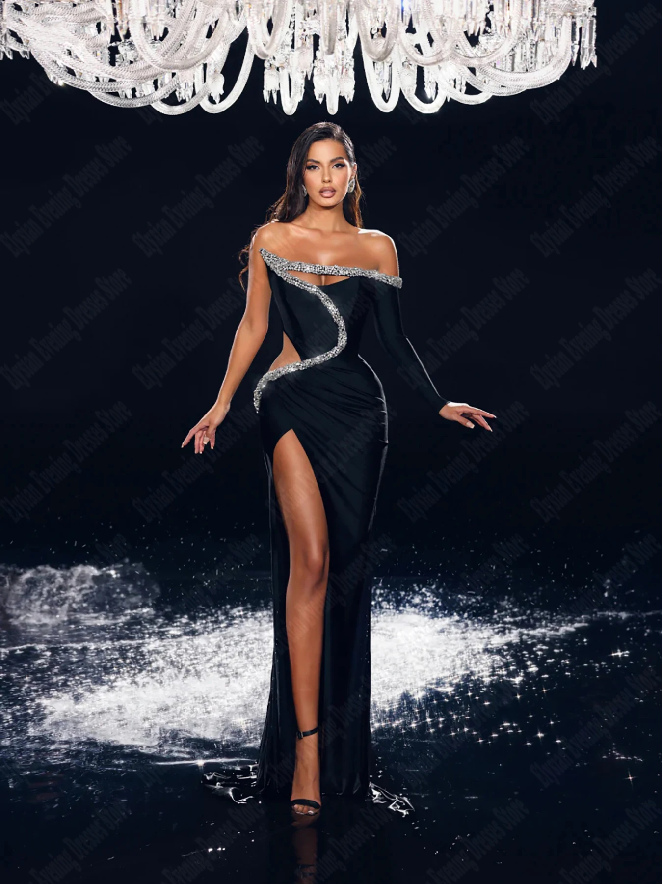 Sexy Strapless Evening Dresses Customized Crystals Inlay Leaking Waist Floor Length Prom Gowns Modern Hollow Out Banquet Garment