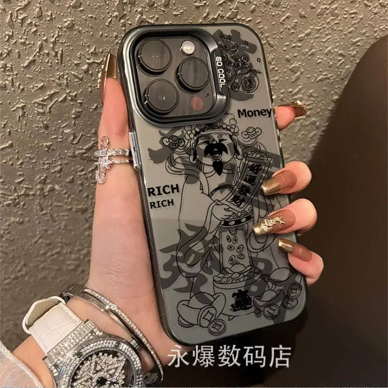 Good Luck Wealth God Electroplated Silver Phone Case For iPhone 15 14 13 12 11 Pro Max XR XS 7 8 Plus Anti Drop Hard Back Cover