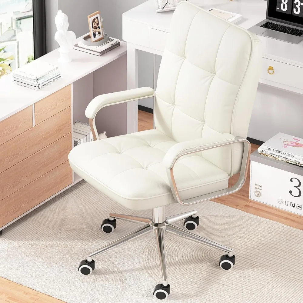 

White Soft Leather Home Office Desk Chair, Swivel Computer Chair with Wheels and Padded Arms, Adjustable Height and Tilt