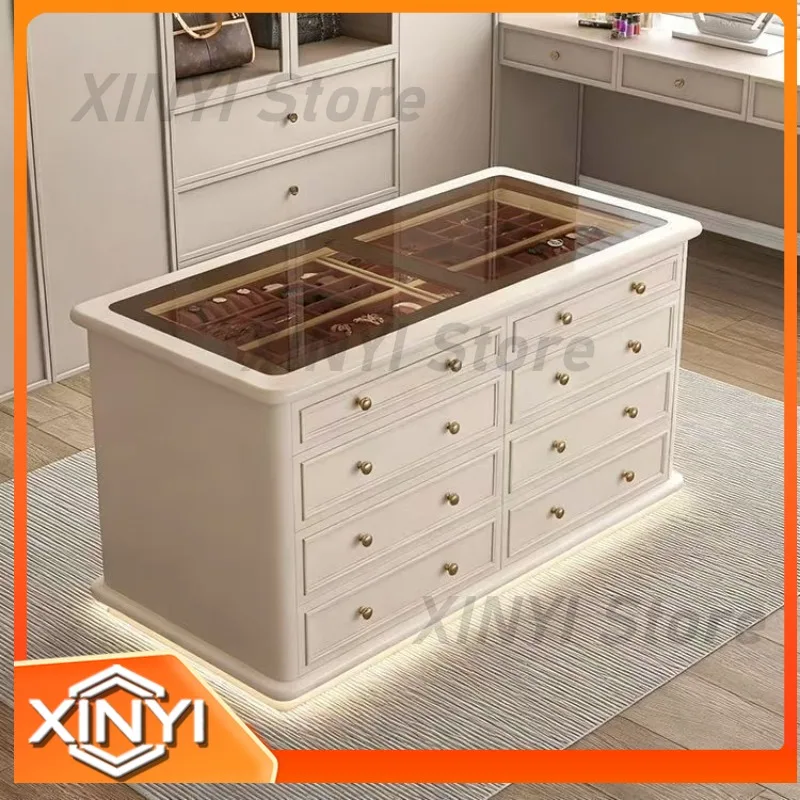 Cream-colored French luxury style double-sided display cabinet for home use jewelry storage chest island cabinet for walk-in