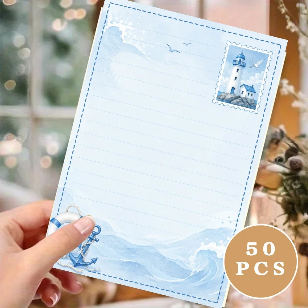 50 Sheets, Blue Retro Nautical-themed Writing Paper, Lined, Glue-free, Perfect For Notebooks, Memos, And Stickers