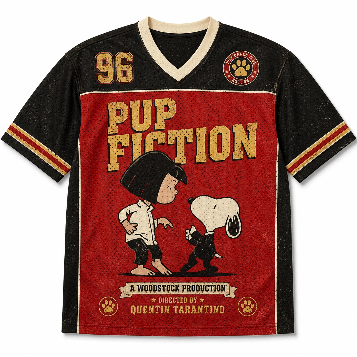 Snoopy Peanuts Comics Pup Fiction Retro Distressed Mesh V-neck Jersey Unisex Retro Movie Poster Cartoon Illustration