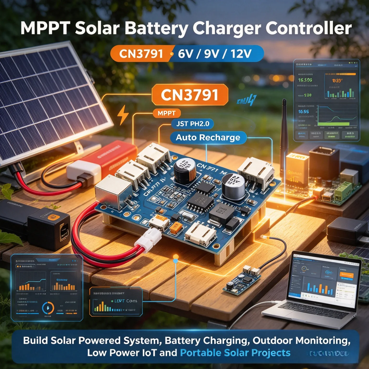 10Pcs CN3791 MPPT Solar Charger Controller Module, 6V/9V/12V, JST PH2.0 Auto Recharge