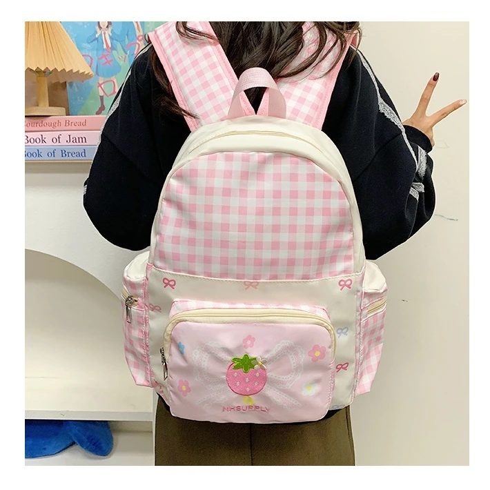 Lightweight nylon checkered girl's cute schoolbag, cute strawberry embroidery Kawaii commuting waterproof backpack