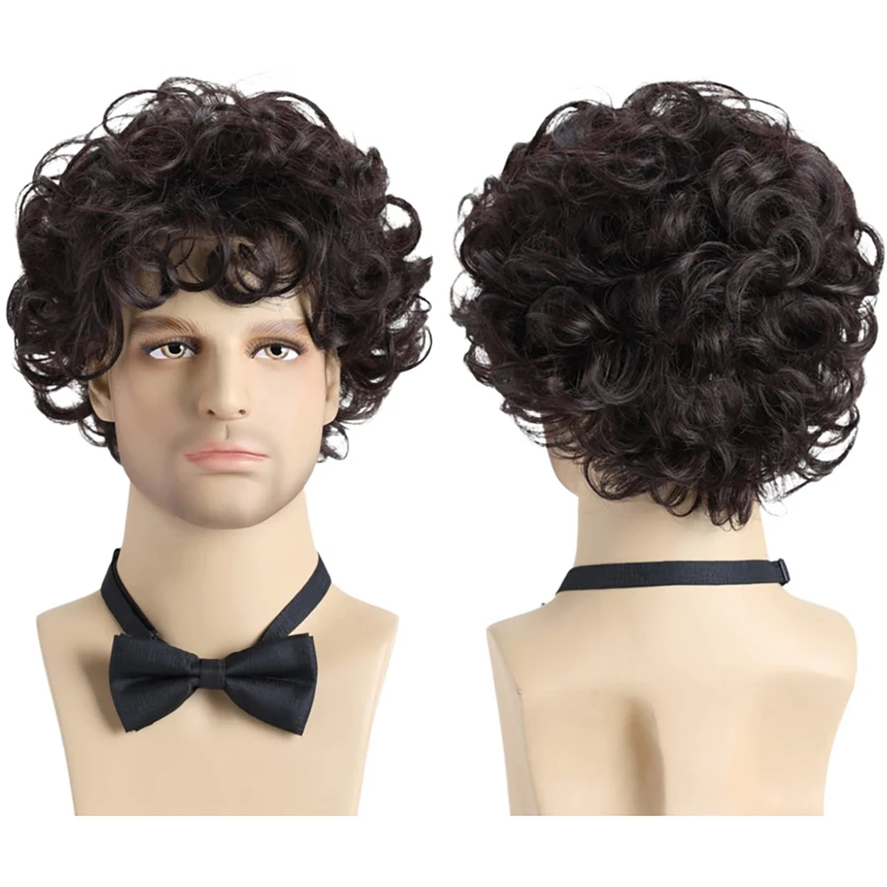 Men's Short Curly Daily Wig Natural Soft Dark Brown Heat Resistant Synthetic Wig For White Men Halloween Anime Cosplay Party Use
