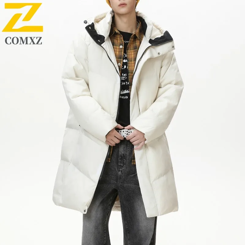 

COMXZ Men Long Down Jacket Classic Hooded Outdoor Mountaineering Windproof Parka Solid Color Travel Lightweight Winter Down Coat