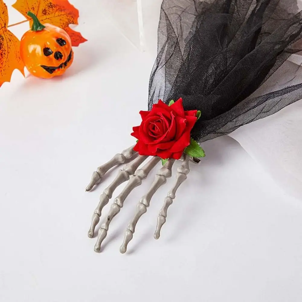 Cosplay Prop Punk Style Hand Bone Hair Clip with Rose Simulation Halloween Head Buckle Long Mesh Hairbands Costume Prom