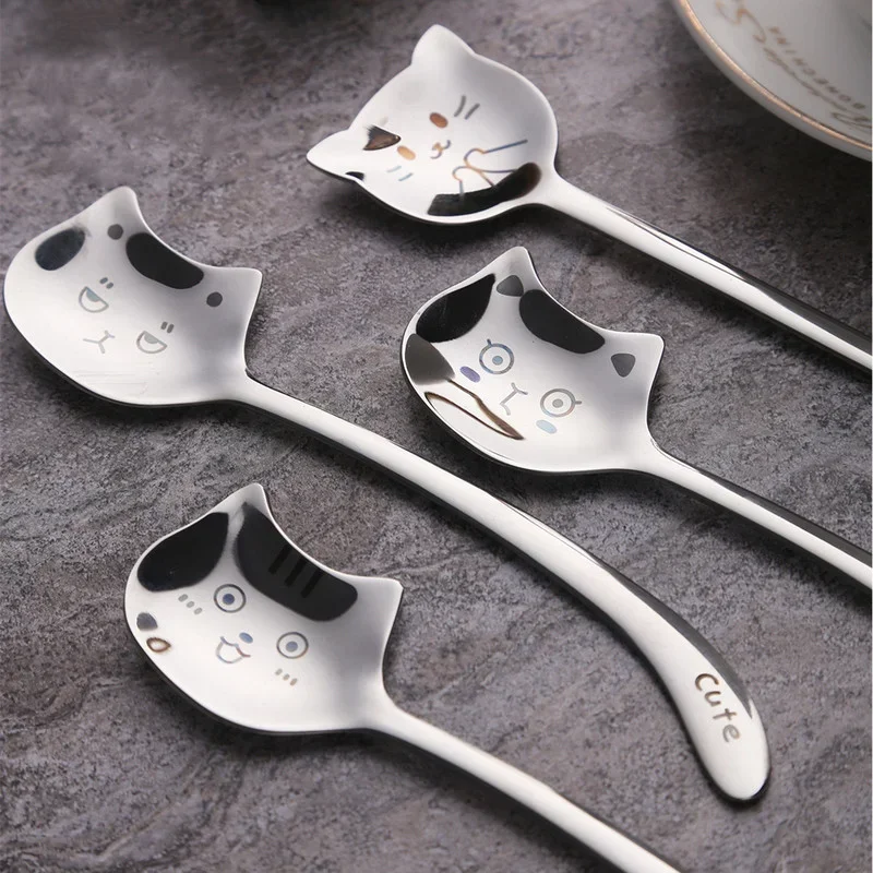 Long Handle Cute Cat Teaspoon Funny Tea-Spoon For Dessert Milk Coffee  Tail  Scoop Stainless Steel   Spoon