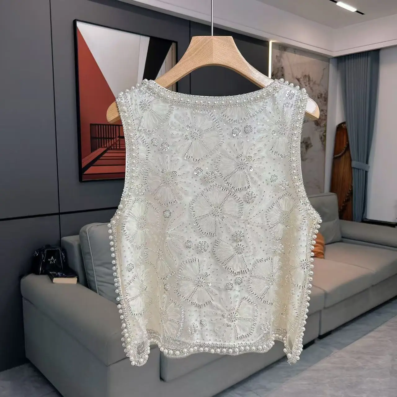 Romantyczne Lilie Letnie Nowe Grube Koraliki Okrągły Wszechstronny Top na Ramiączkach Damski Modny Poliester Casual Odzież Wierzchnia