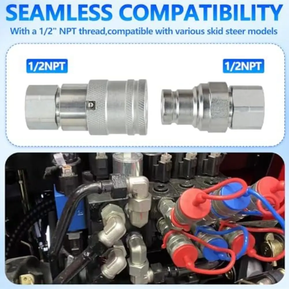 

2 комплекта гидравлических быстроразъемных соединителей с плоским лицом NPT и пылезащитными колпачками 1/4, резьба 3/8 1/2 NPT для инструментов с бортовым поворотом