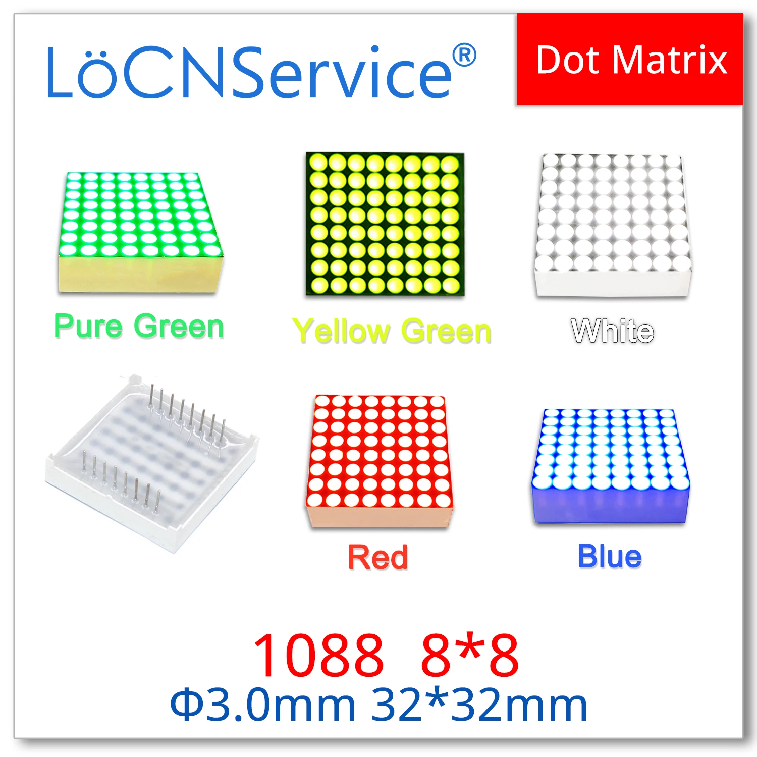 LoCNService 50 SZTUK Czysty Zielony Czerwony Niebieski Biały 1088 8x8 3mm 32x32mm 1088AS 1088AB 1088AW 1088AGG 1088AG Matrycowe wyświetlacze LED 8*8