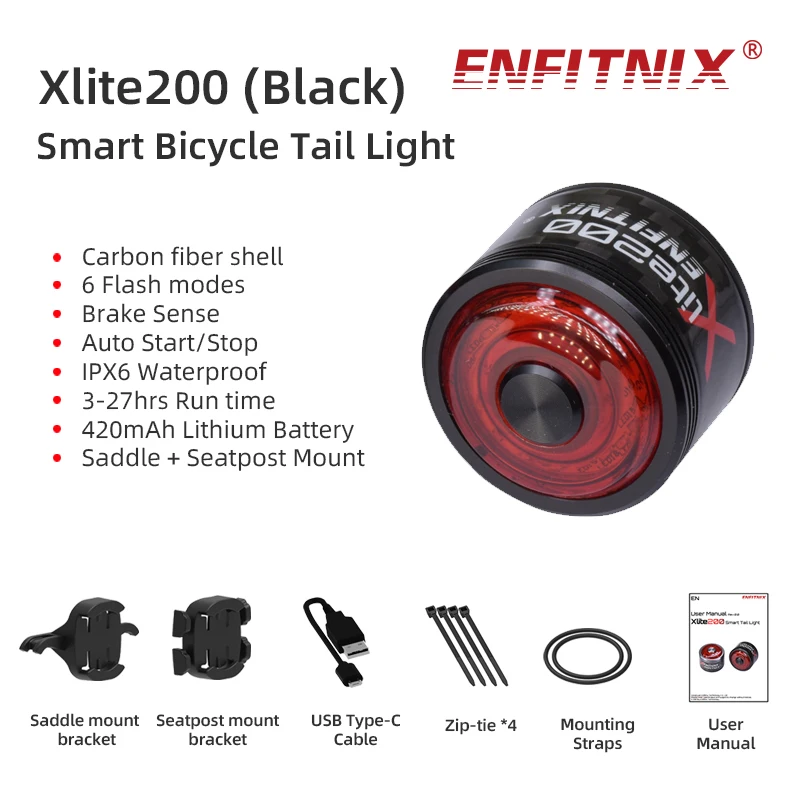 

Enfitnix Xlite200 Bicycle Smart Taillight Auto Brake Sensing IPx6 Waterproof LED Charging Carbon Fiber Cycling Taillight