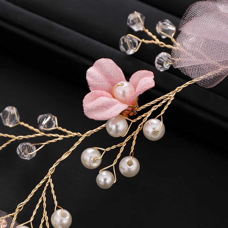 Pink Yarn Flower Wreath Girl Headband Hair Jewelry Pearl Women Tiaras Headpiece Women Wedding Hair Piece Accessories FORSEVEN